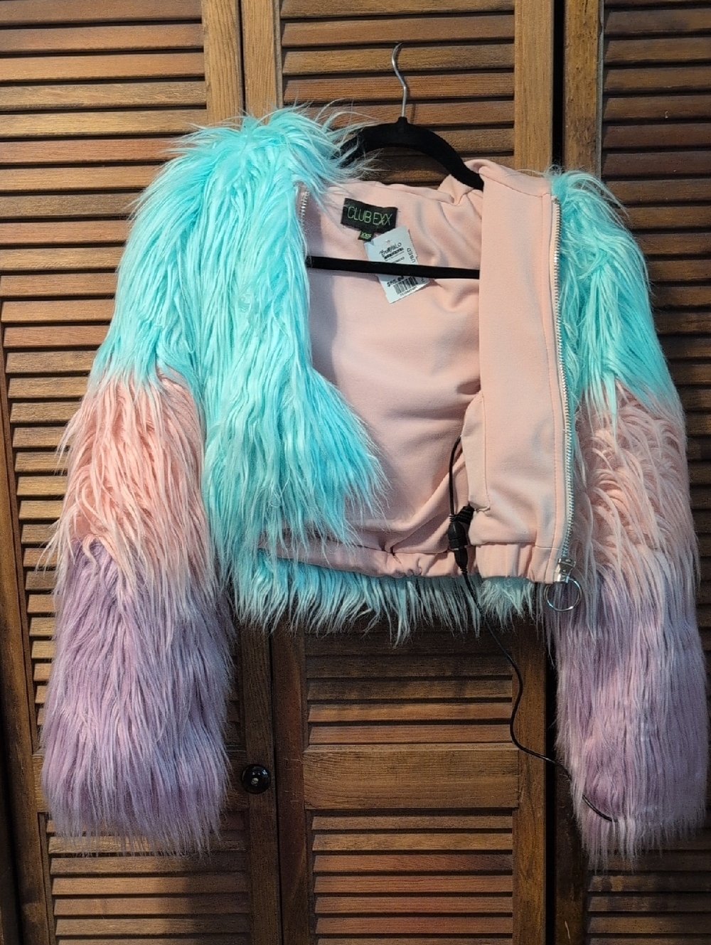 Club Exx Pastel Faux Fur Colorblock Cropped Jacket - Mint & Pink - lights Up!!!